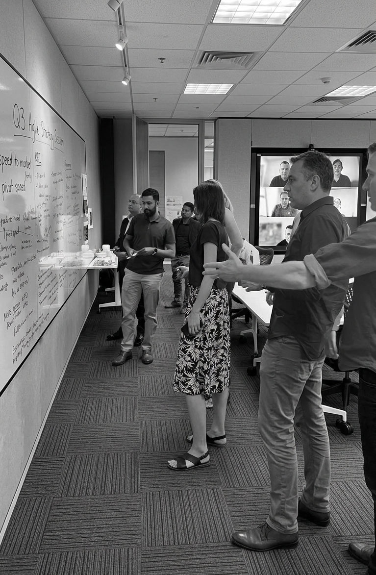 Strategy workshop at whiteboard